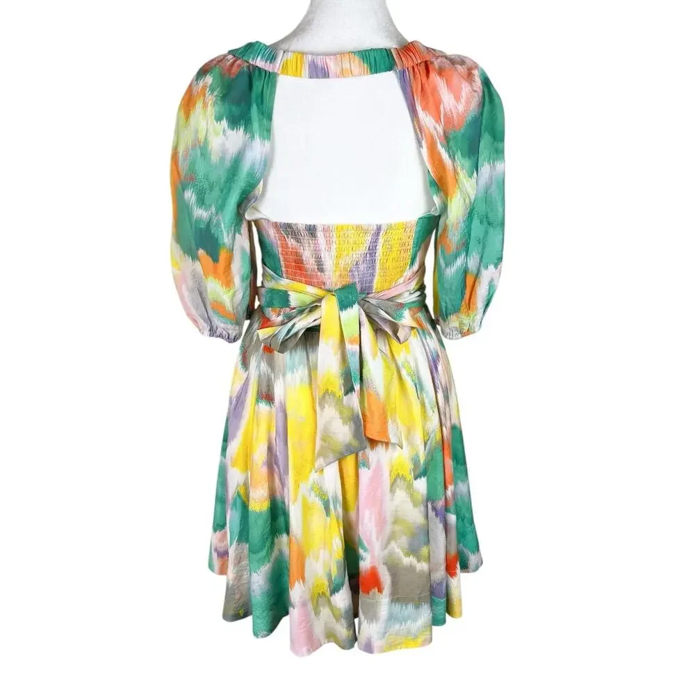 Anthropologie Swingy Rainbow Tie Dye Puff Sleeve Smocked Flirty Mini Dress Sz XS - Picture 5 of 9